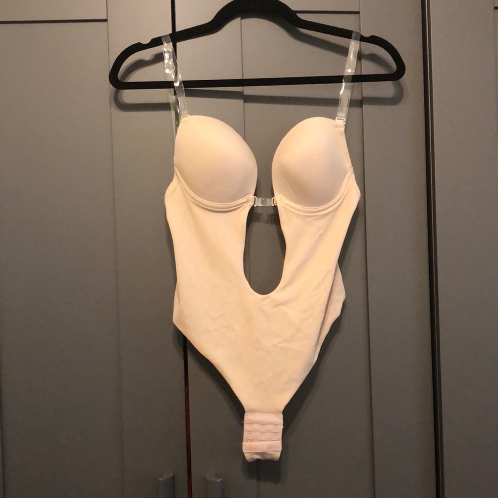 Tan thong bodysuit with clear straps